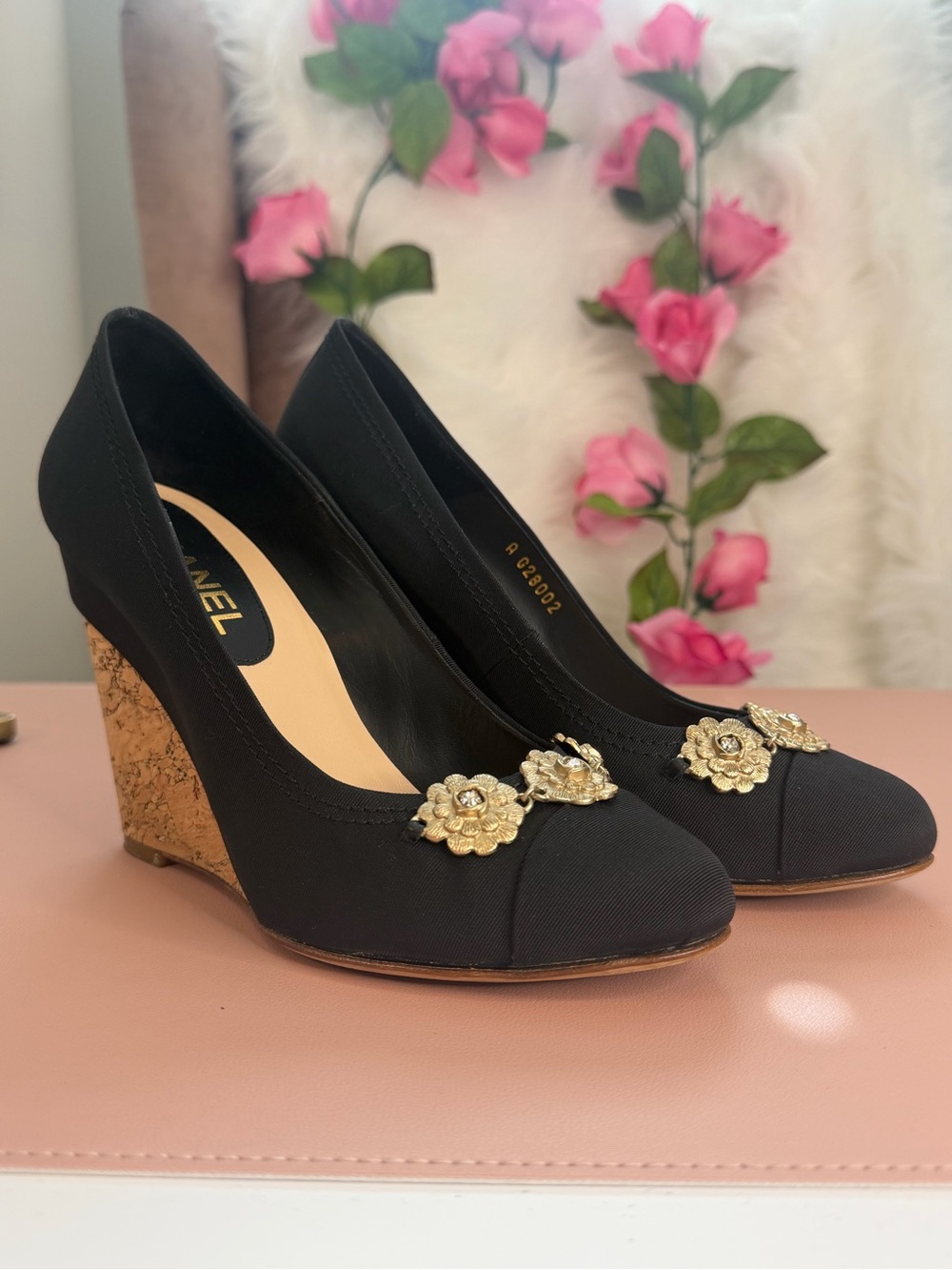 Chanel Black Canvas Cork Wedge Pumps with Gold Camellia 37